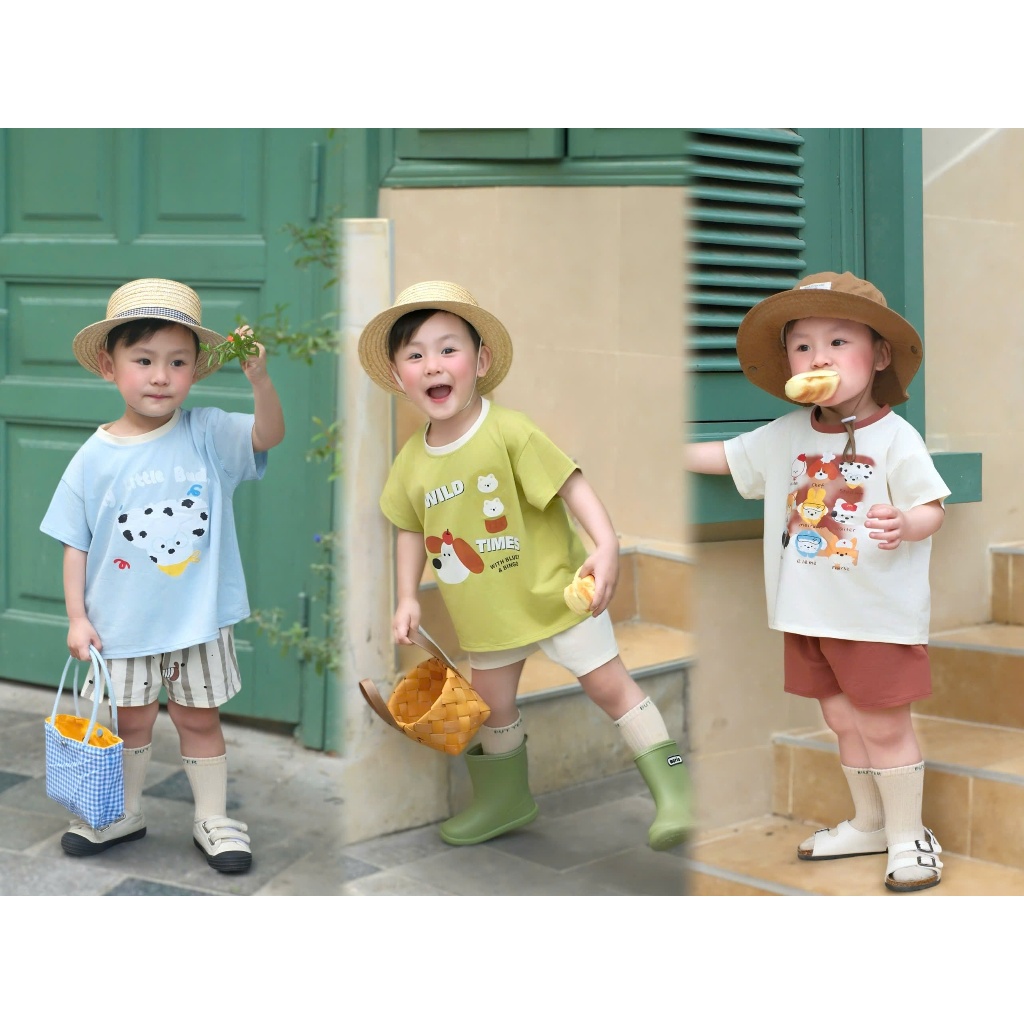 Bộ quần áo cộc tay họa tiết động vật đáng yêu, chất cotton mềm mại ,thoáng mát cho bé đi học đi chơi size 9-23kg