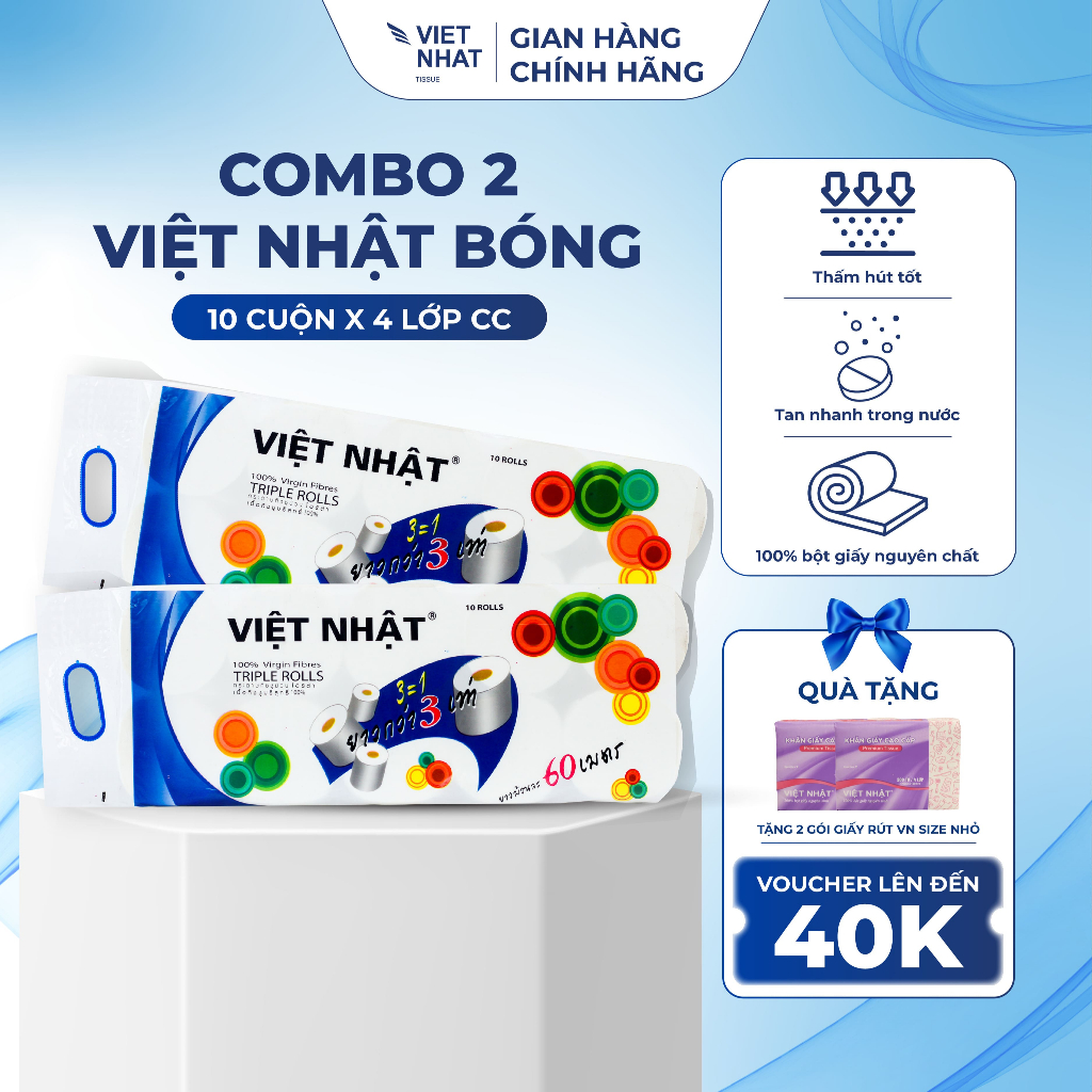 COMBO 2 Giấy Vệ Sinh Việt Nhật Bóng Không Lõi/Có Lõi 10 Cuộn 4 Lớp Tan Nhanh, An Toàn, Thấm Hút Tốt, Chất Lượng