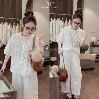 Set bộ đũi hoa Loai 1 thiết kế áo cổ bèo mix quần suông dài trẻ trung siêu xinh, Bộ đồ nữ đi biển sang chảnh rẻ đẹp