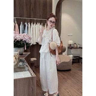 Set bộ đũi hoa Loai 1 thiết kế áo cổ bèo mix quần suông dài trẻ trung siêu xinh, Bộ đồ nữ đi biển sang chảnh rẻ đẹp
