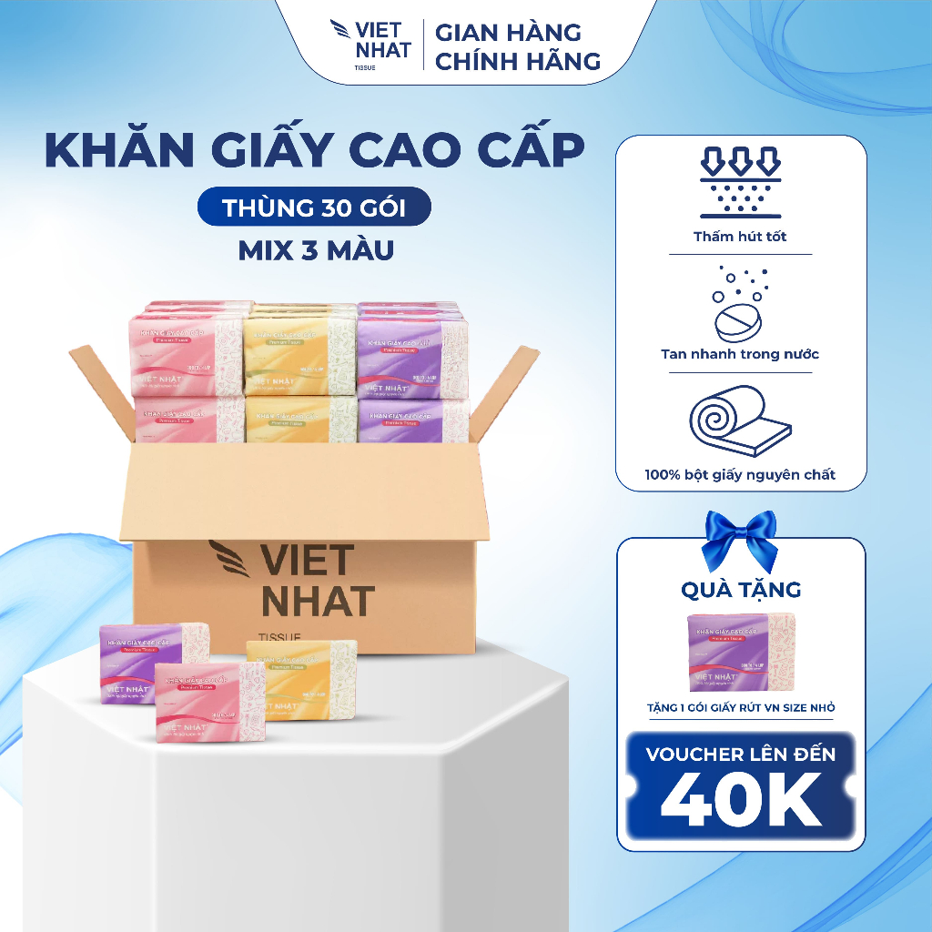 [COMBO TIẾT KIỆM] THÙNG 30 Gói Giấy Rút Việt Nhật Nhỏ Mix 3 Màu An Toàn, Thấm Hút Tốt, Mềm Mại, Đạt Chuẩn Chất Lượng