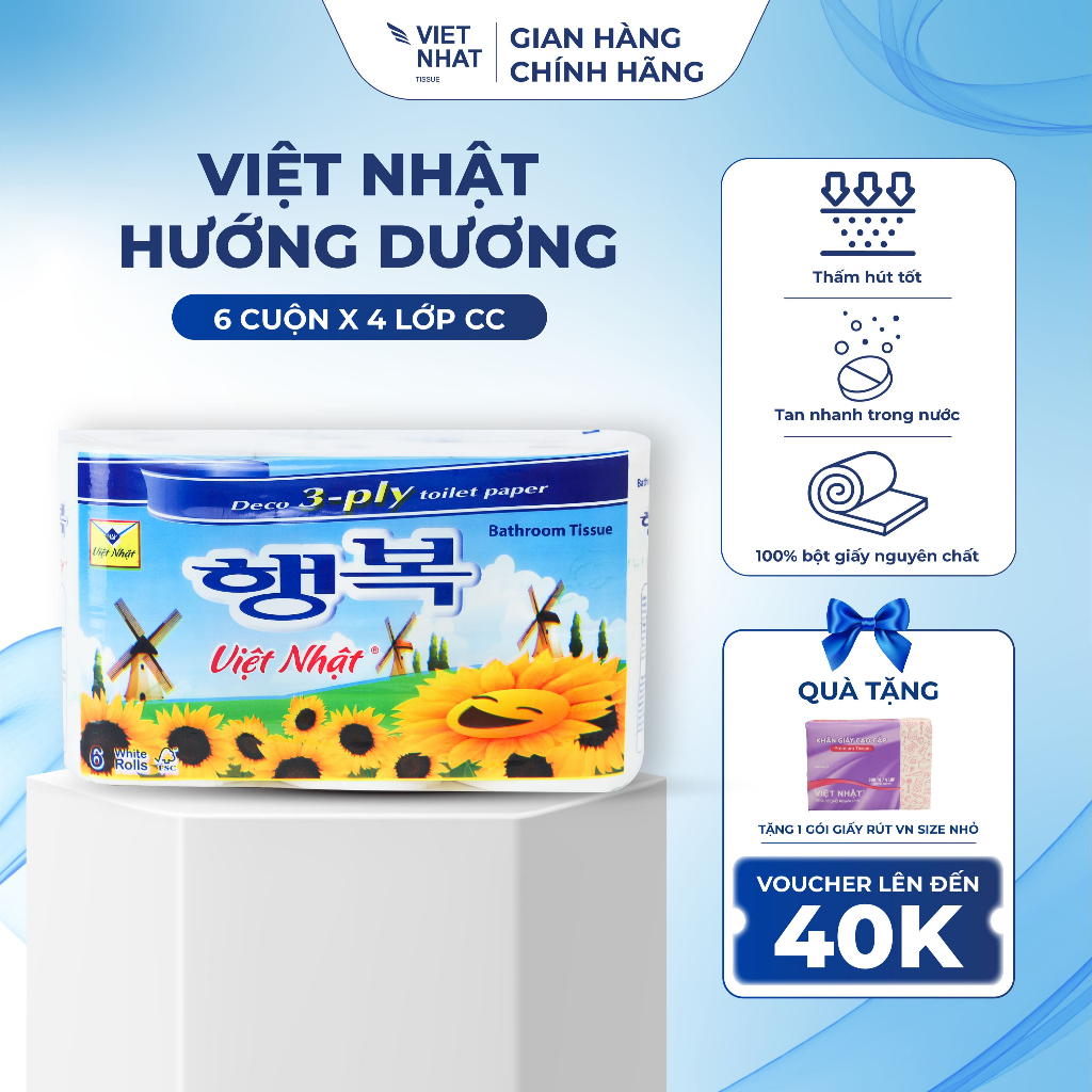 Giấy Vệ Sinh Việt Nhật Hướng Dương 6 Cuộn 4 Lớp, Không Lõi Tan Nhanh, An Toàn, Thấm Hút Tốt, Đạt Chuẩn Chất Lượng