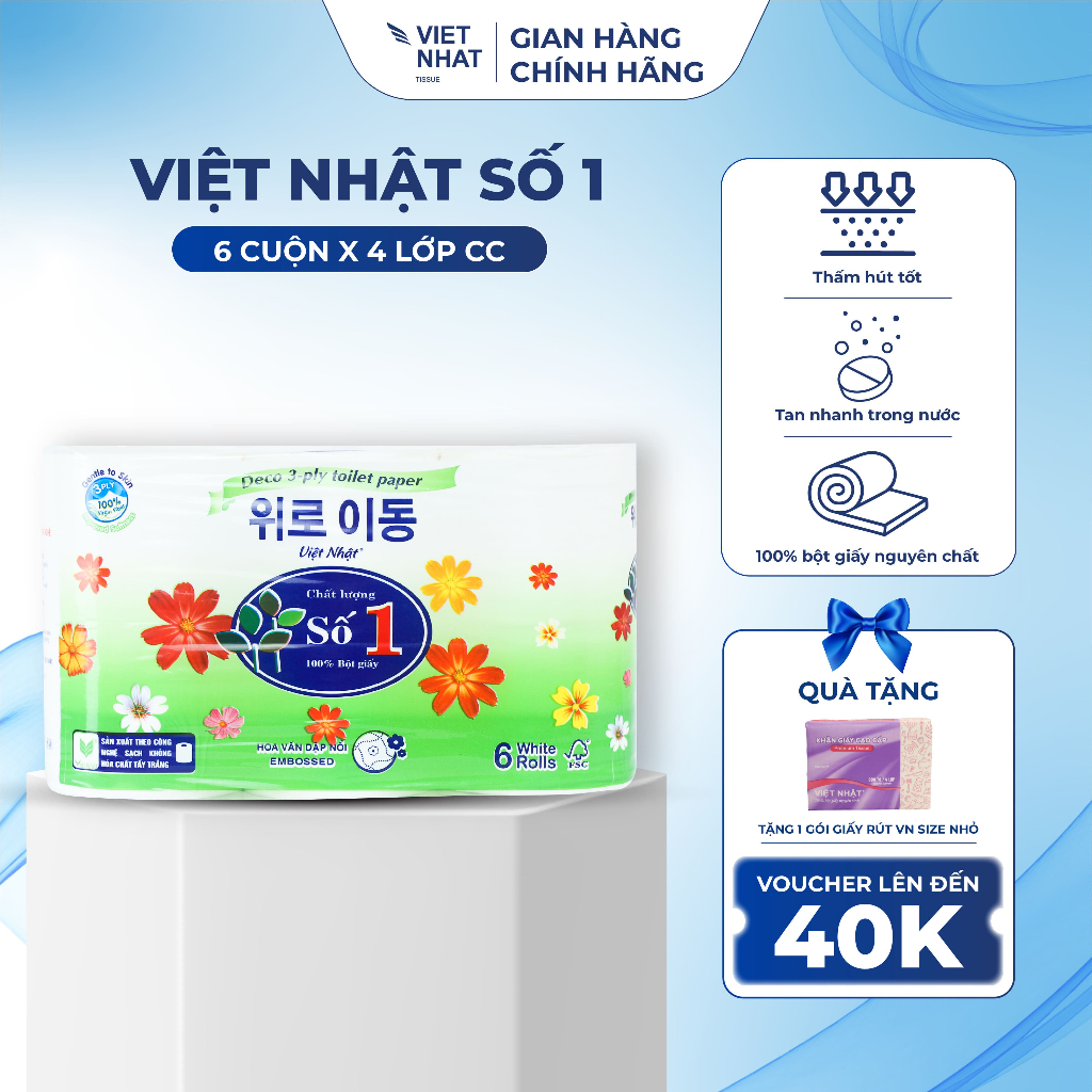 Giấy Vệ Sinh Việt Nhật Số 1 Không Lõi 6 Cuộn 4 Lớp, Tan Nhanh, An Toàn, Thấm Hút Tốt, Đạt Chuẩn Chất Lượng
