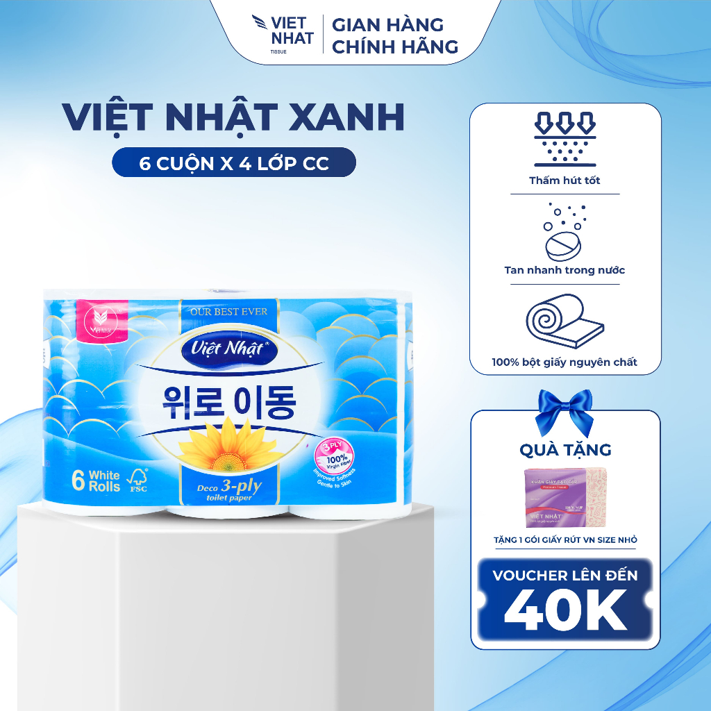 Giấy Vệ Sinh Việt Nhật Xanh 6 Cuộn 4 Lớp, Không Lõi Tan Nhanh, An Toàn, Thấm Hút Tốt, Đạt Chuẩn Chất Lượng