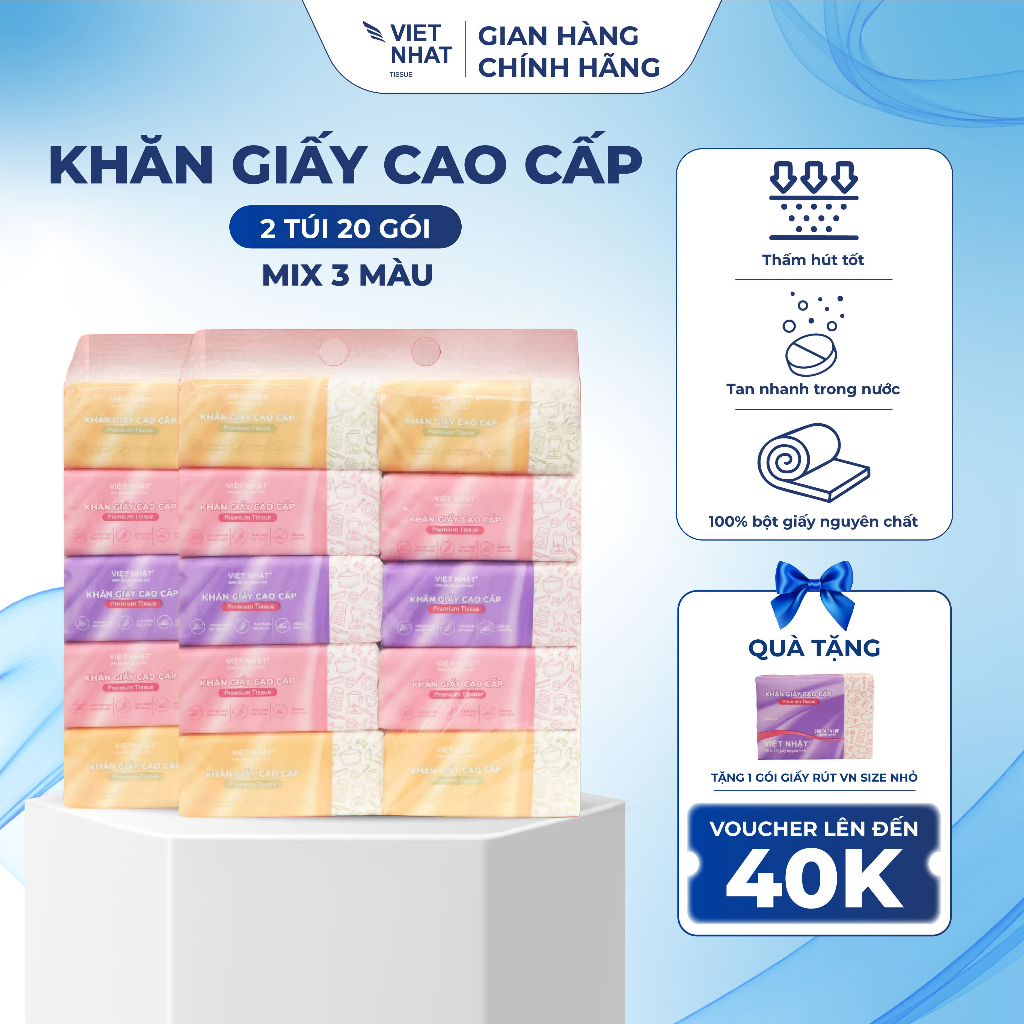 [COMBO TIÊU CHUẨN] 20 Gói Giấy Rút Việt Nhật Nhỏ Mix 3 Màu An Toàn, Thấm Hút Tốt, Mềm Mại Vượt Trội, Chất Lượng