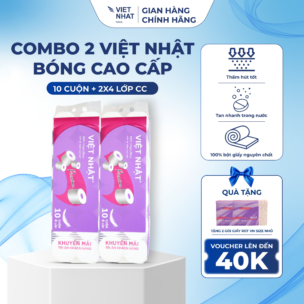 [TẶNG 2 CUỘN] COMBO 2 Giấy Vệ Sinh Việt Nhật Bóng Cao Cấp 10 Cuộn 4 Lớp, Không Lõi/ Có Lõi Mềm Mịn, Tan Nhanh