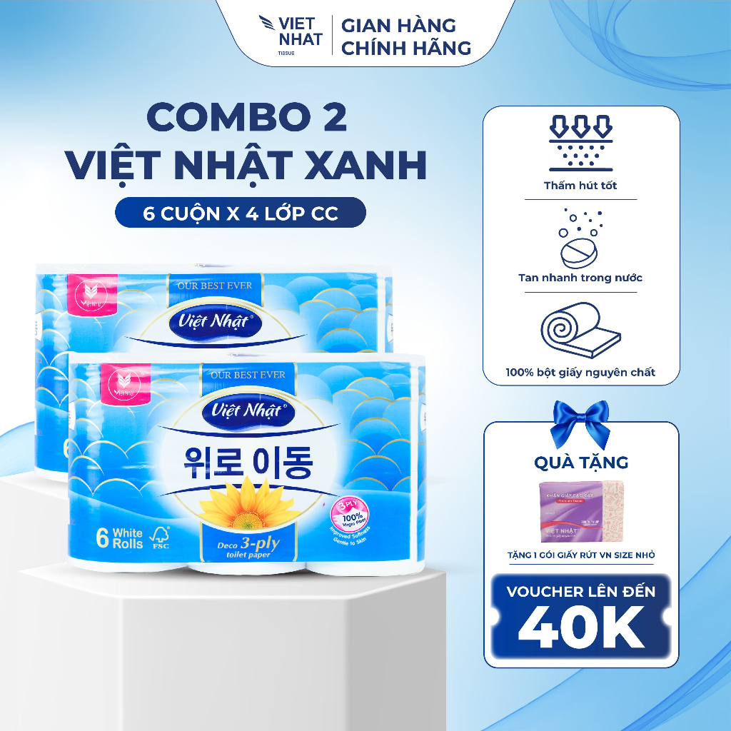 COMBO 2 Giấy Vệ Sinh Việt Nhật Xanh 6 Cuộn 4 Lớp, Không Lõi Tan Nhanh, An Toàn, Thấm Hút Tốt, Đạt Chuẩn Chất Lượng