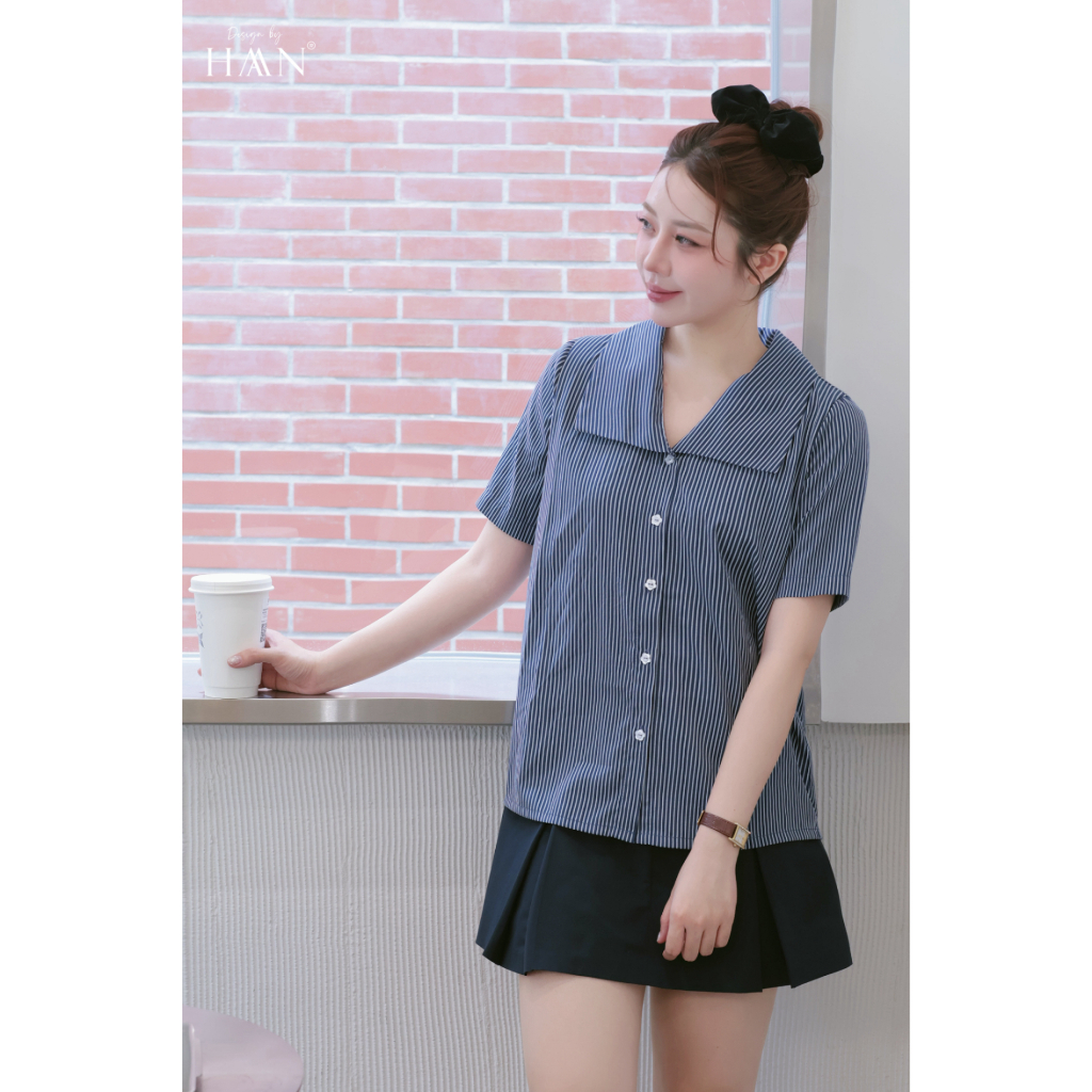 Áo Sơ Mi Kẻ Xanh Ngắn Tay Cổ Bẻ Form Suông, Thiết Kế Basic HAAN Design SM2637