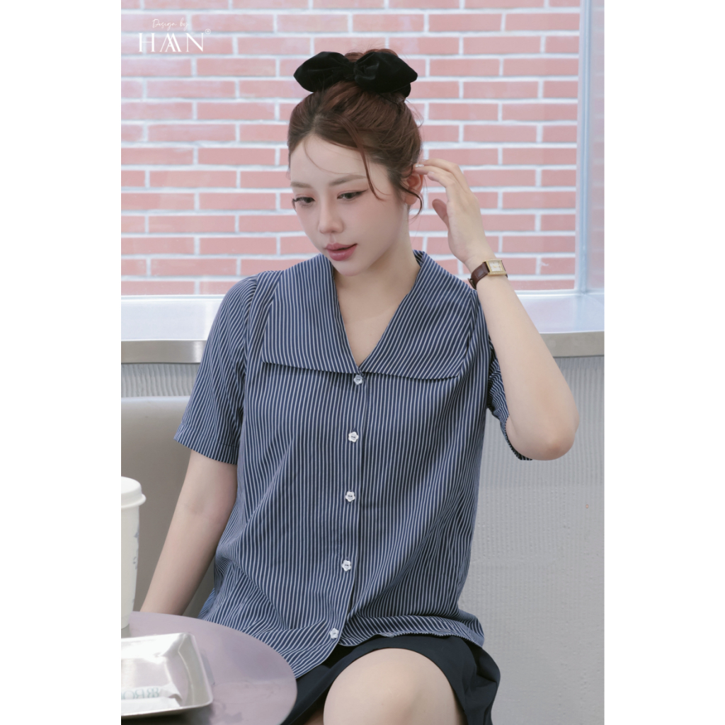 Áo Sơ Mi Kẻ Xanh Ngắn Tay Cổ Bẻ Form Suông, Thiết Kế Basic HAAN Design SM2637