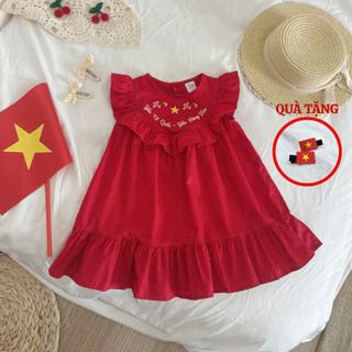 [MUA VÁY TẶNG SET KẸP CỜ]  Váy Xinh 2/9 Thêu Cờ  Cho Bé Gái 8-26kg
