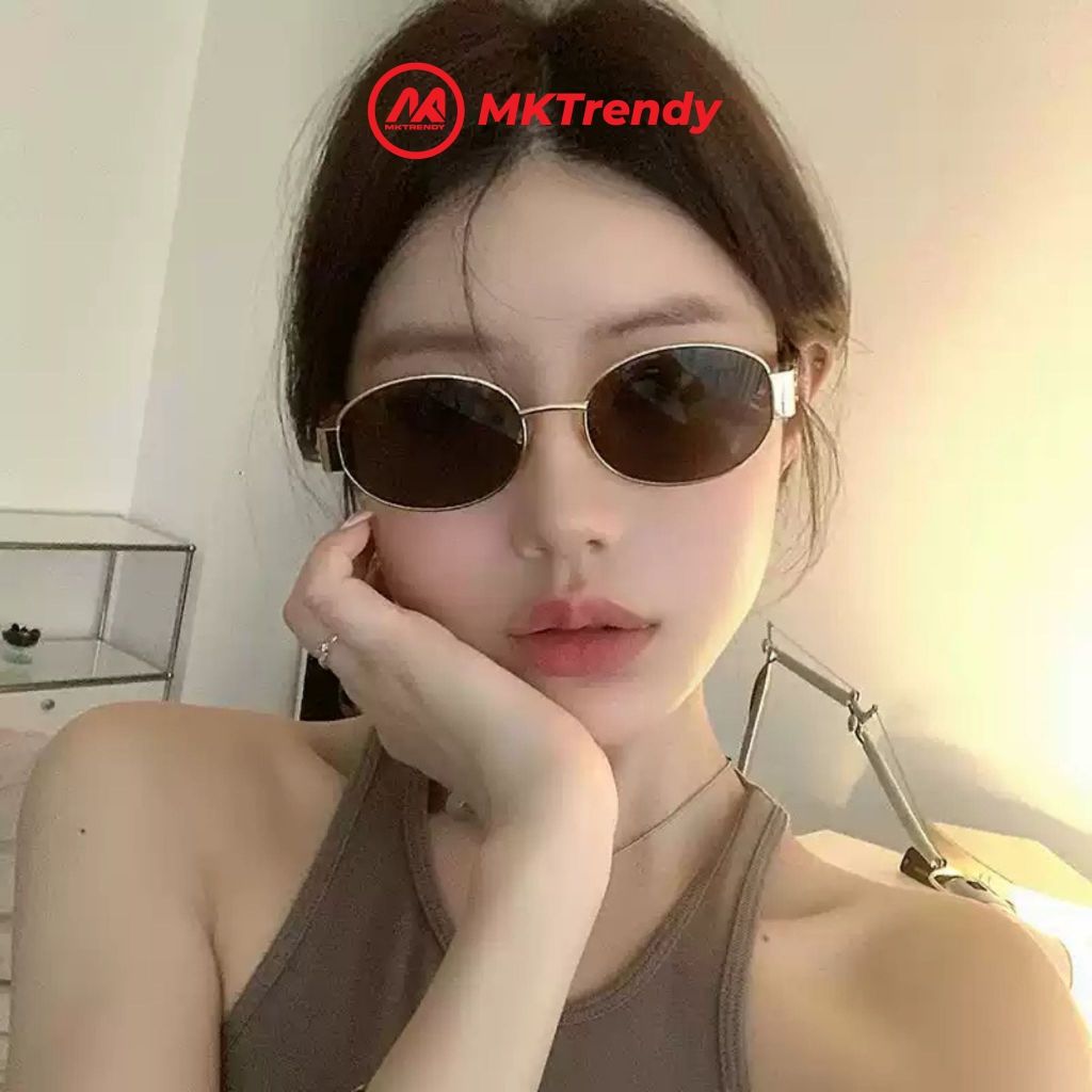 [ĐQ KOL x MKTRENDY] Kính râm oval gọng kim loại T9 chống tia UV tặng túi đựng kính khăn lau kính