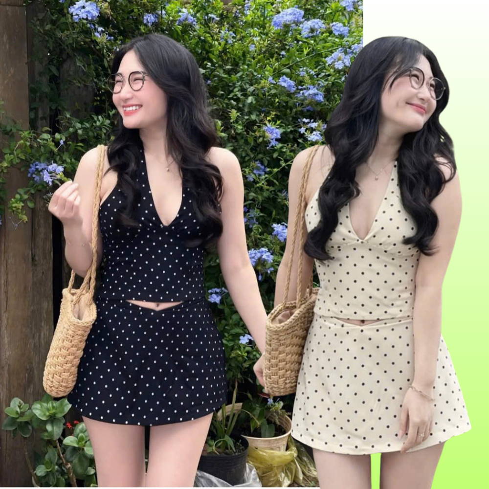 Set Áo Cổ Yếm Croptop Chấm Bi Kèm Chân Váy A Ngắn Đi Biển, Du Lịch Có Chun Lưng Áo SAN Clothings - P191