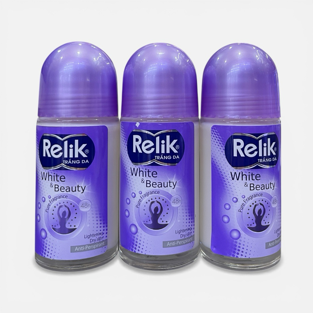 Combo 3 Chai Lăn khử mùi Relik White & Beauty 50ml – Khô thoáng 48h, hương thơm nhẹ, sáng da vùng dưới cánh tay