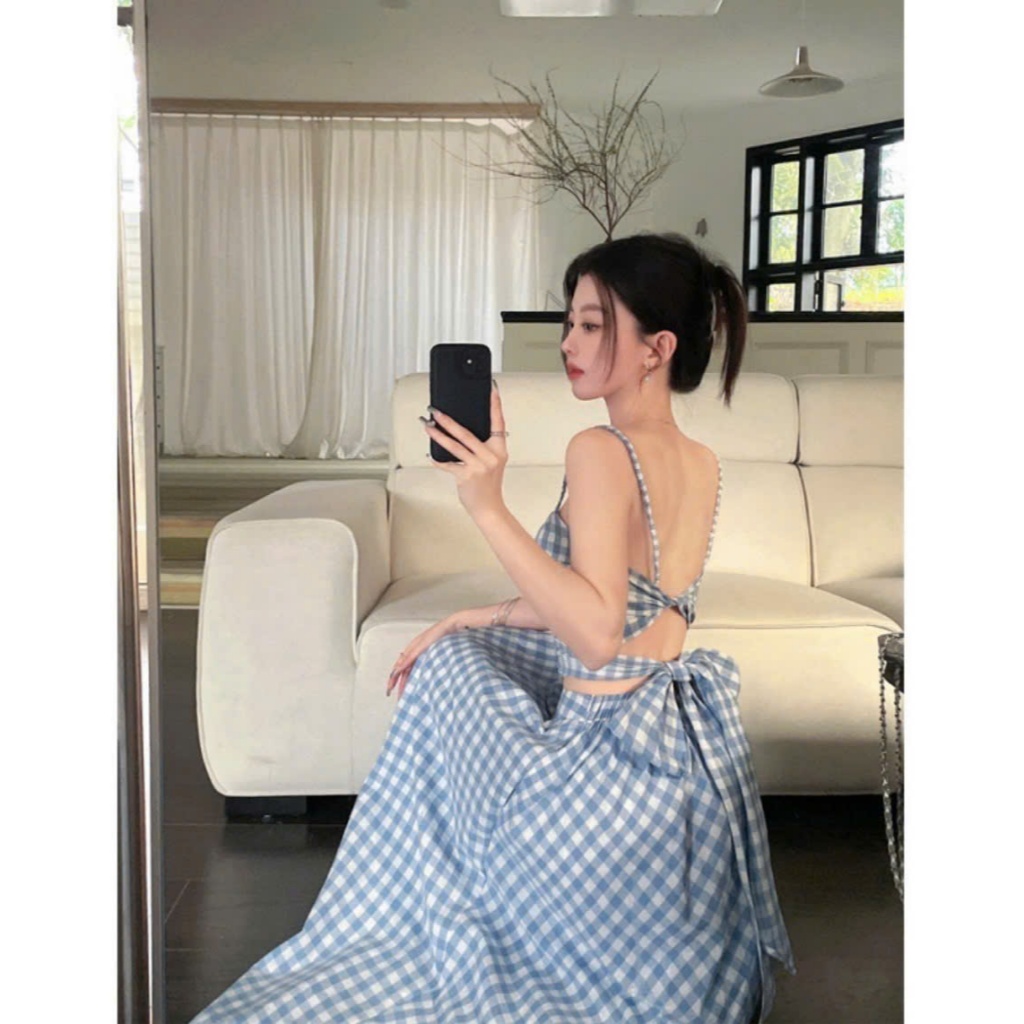 SÉT ĐẦM DÂY KARO XANH XOĂN NGỰC DÁNG MAXI