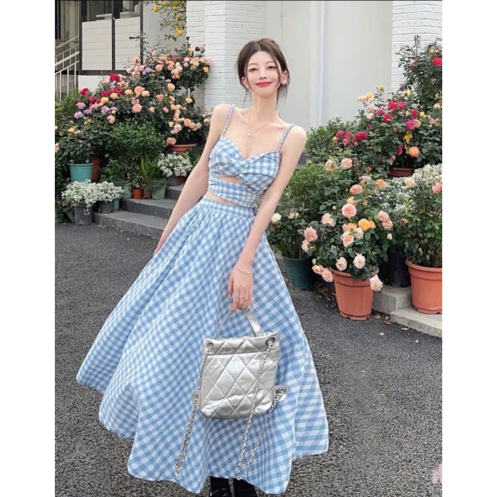 SÉT ĐẦM DÂY KARO XANH XOĂN NGỰC DÁNG MAXI