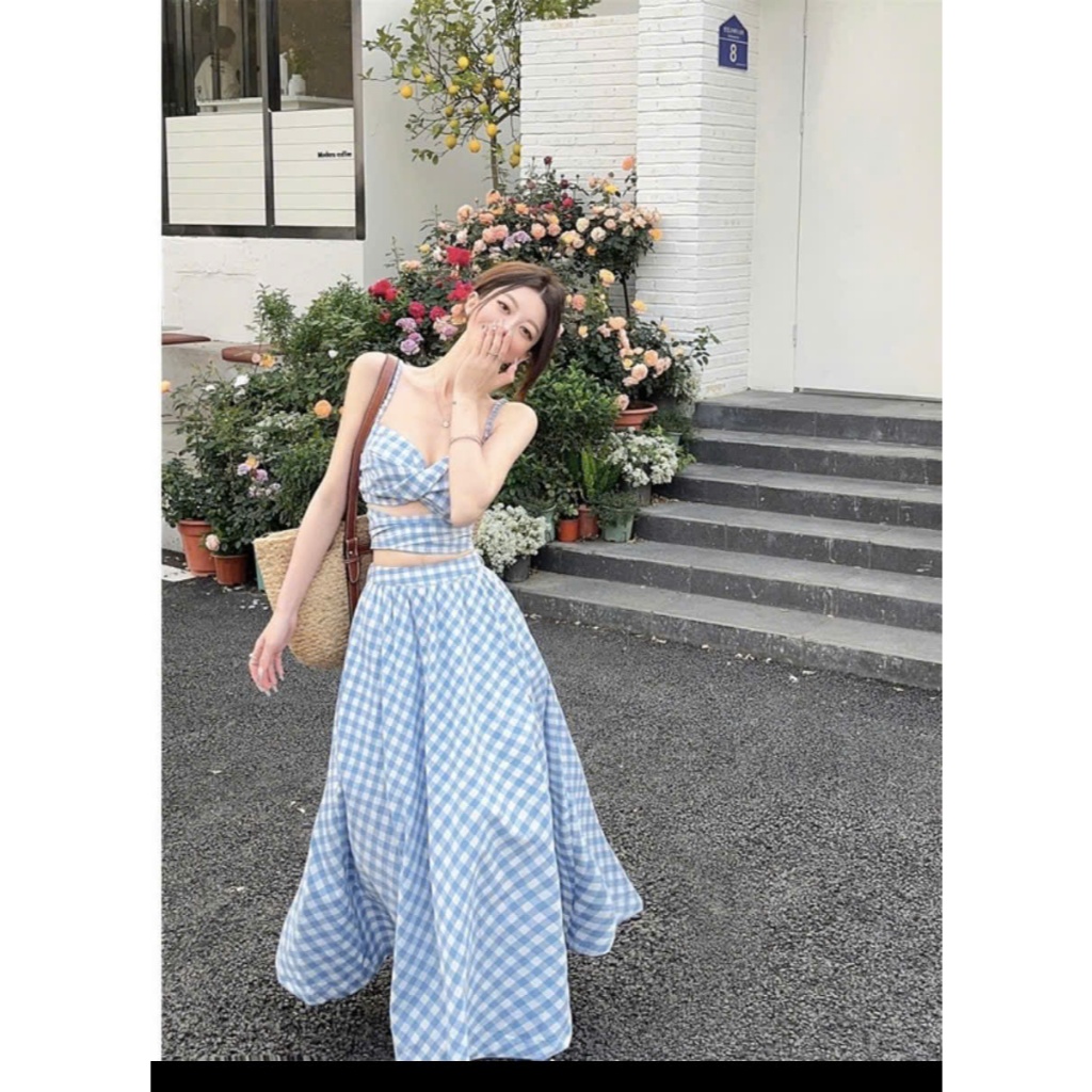 SÉT ĐẦM DÂY KARO XANH XOĂN NGỰC DÁNG MAXI