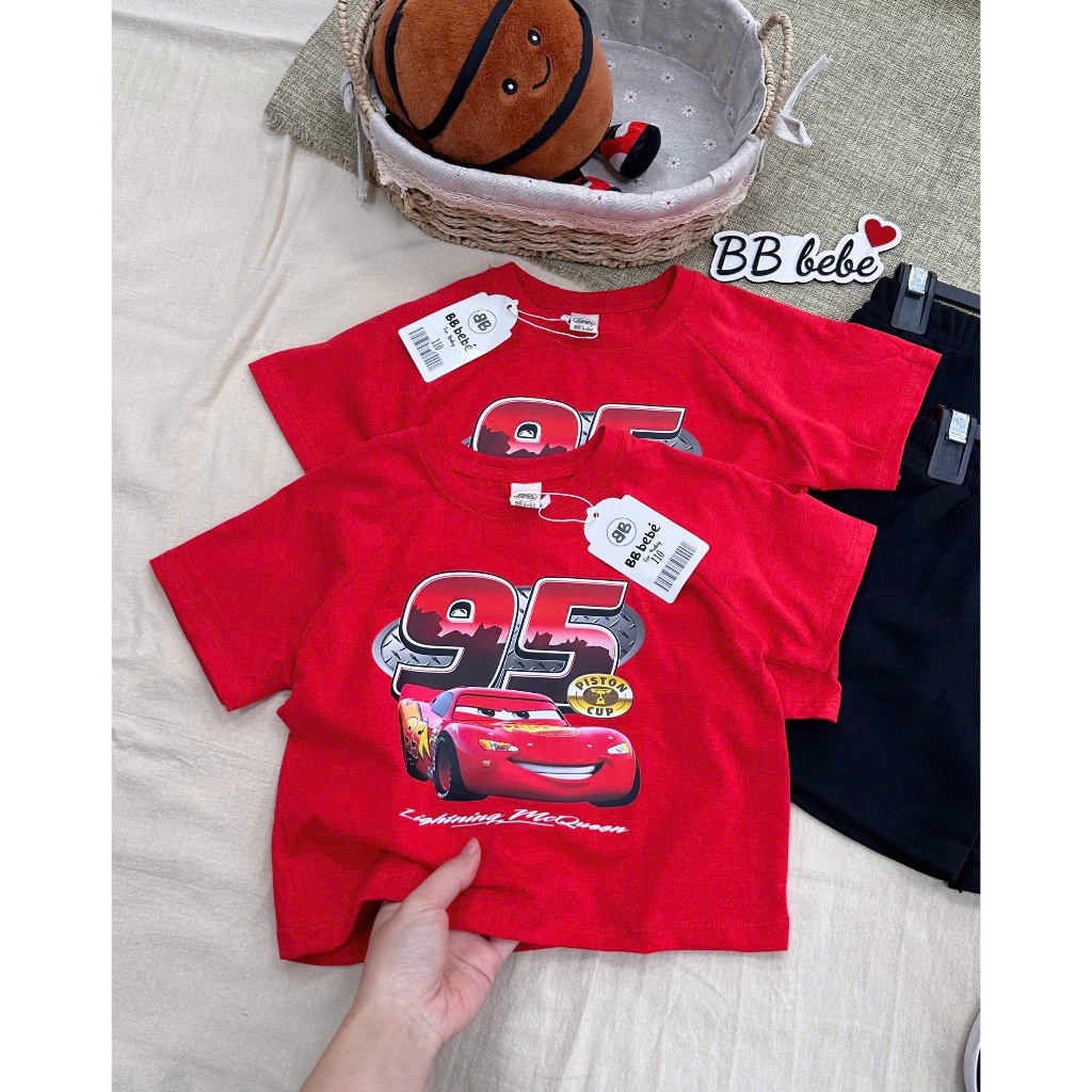 Bộ cotton in hoạ tiết ô tô đỏ, bộ thun cổ tròn mềm mát cho bé