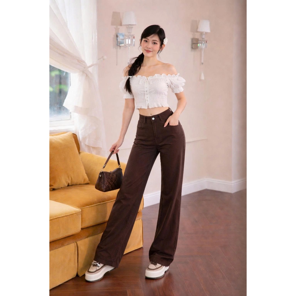 Quần jean w.e nâu GUMIN thiết kế quần dáng suông dài thanh lịch, quần bò nữ sang chảnh dày dặn cao cấp