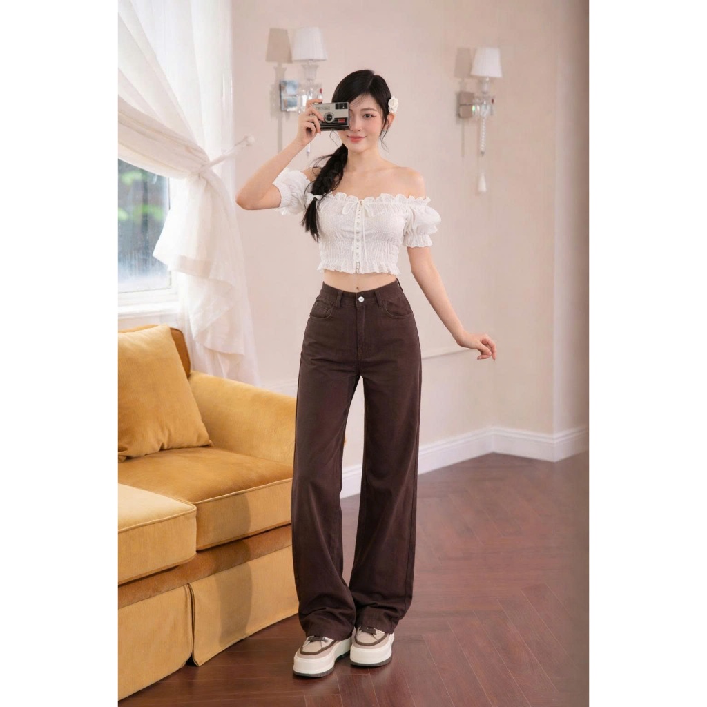 Quần jean w.e nâu GUMIN thiết kế quần dáng suông dài thanh lịch, quần bò nữ sang chảnh dày dặn cao cấp