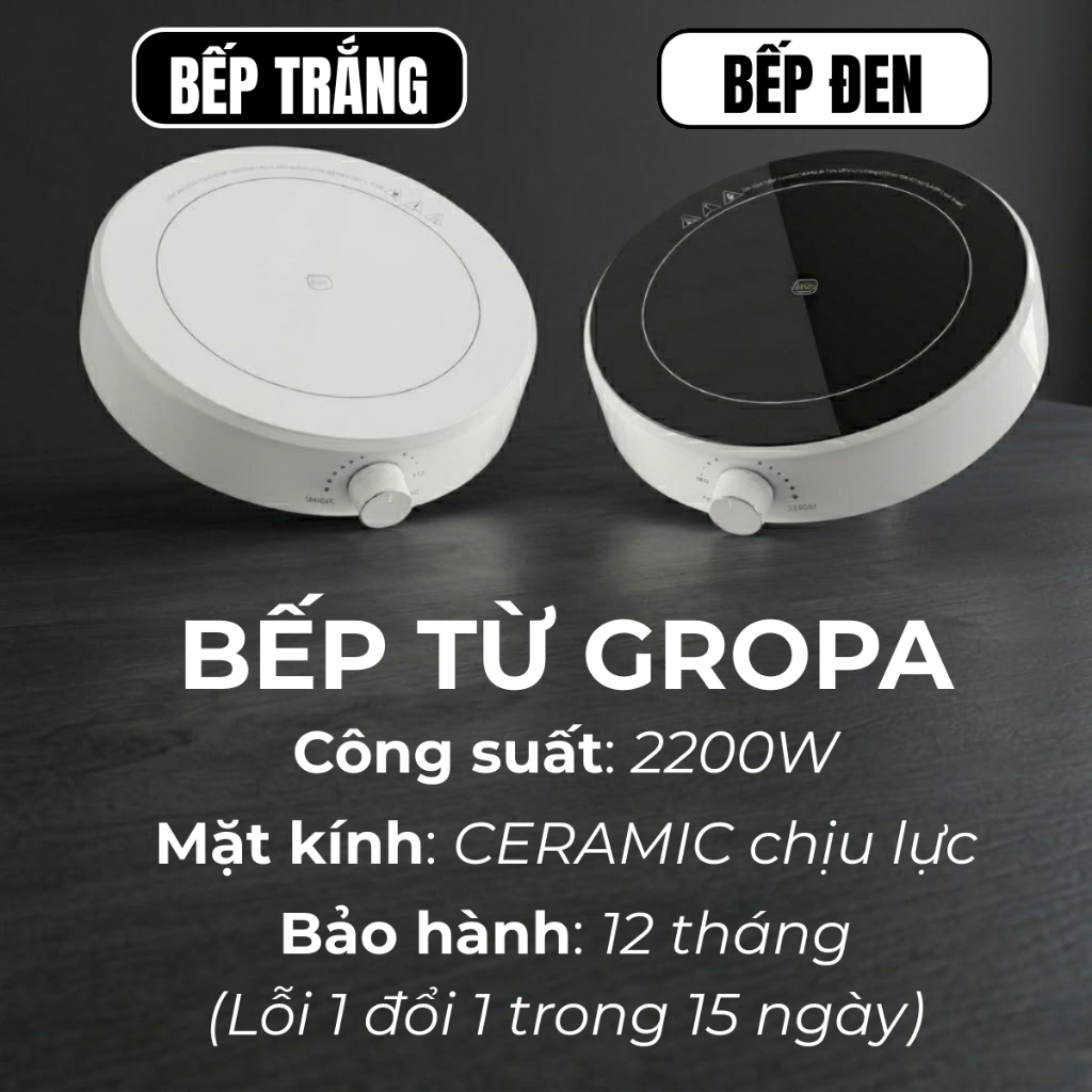 Bếp từ đơn GROPA công suất lớn 2200W, bếp điện từ nhỏ gọn nấu ăn cực nhanh, mặt kính vệ sinh dễ dàng