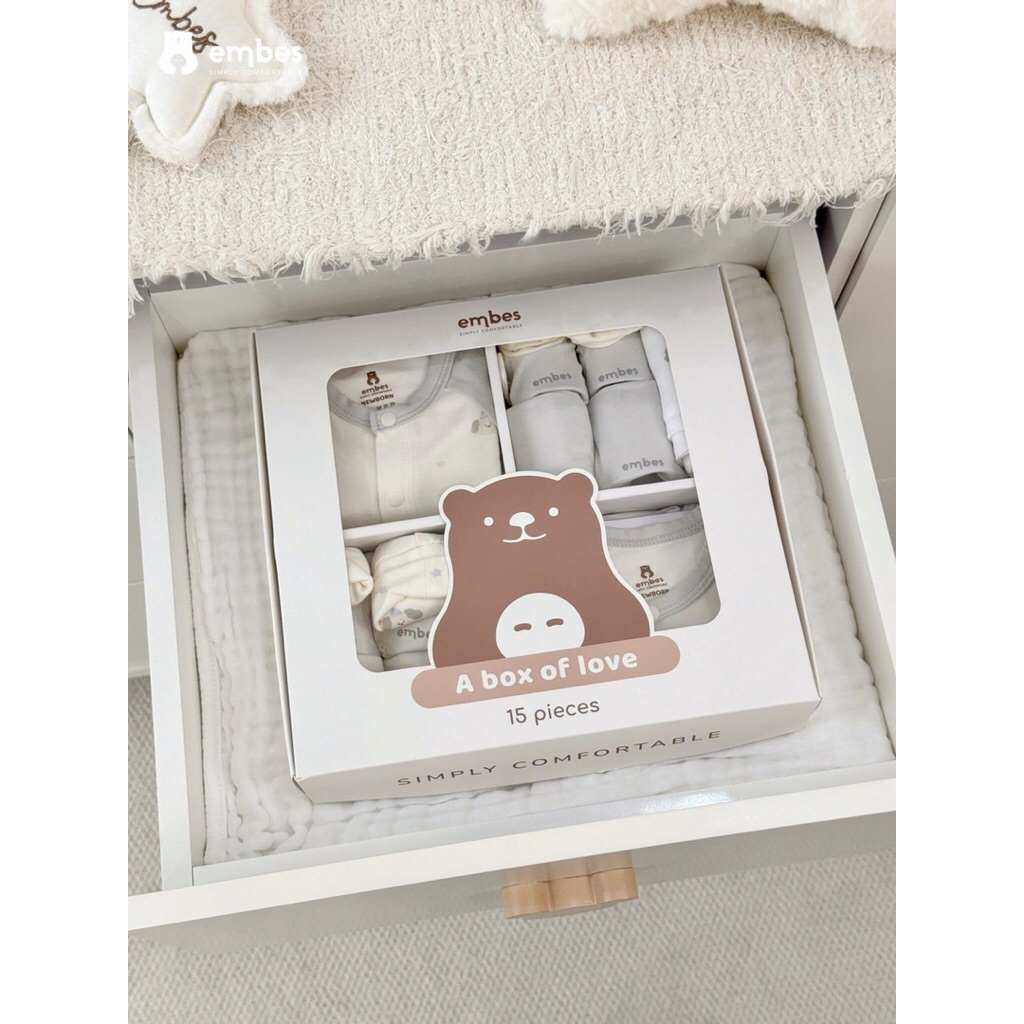 Combo Sơ Sinh Embes, Set 15 Món Đi Sinh Chất Mềm Mại Làm Quà Tặng Cho Bé Trai Bé Gái Từ 0-3 Tháng