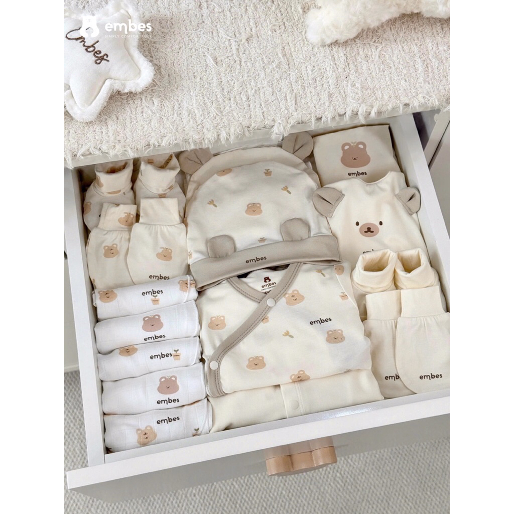 Combo Sơ Sinh Embes, Set 15 Món Đi Sinh Chất Mềm Mại Làm Quà Tặng Cho Bé Trai Bé Gái Từ 0-3 Tháng