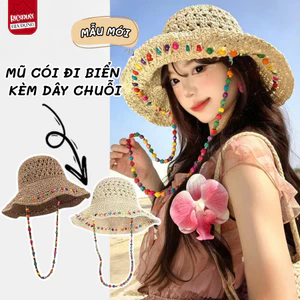 Mũ Cói Vintage Đi Biển Kèm Dây Hạt Nhiều Màu, Nón Rộng Vành Chống Nắng Phong Cách Boho Hàn Quốc