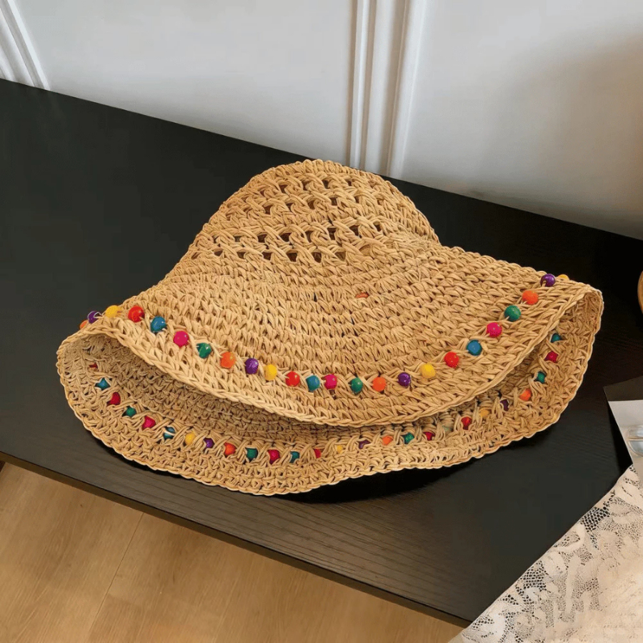 Mũ Cói Vintage Đi Biển Kèm Dây Hạt Nhiều Màu, Nón Rộng Vành Chống Nắng Phong Cách Boho Hàn Quốc