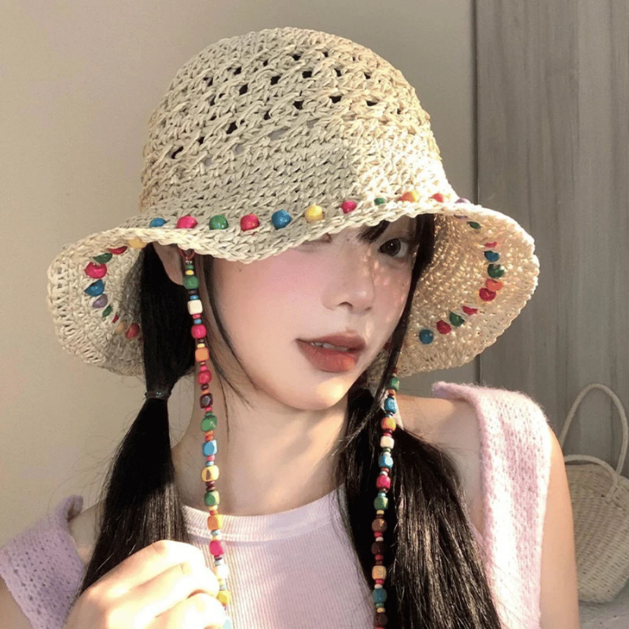 Mũ Cói Vintage Đi Biển Kèm Dây Hạt Nhiều Màu, Nón Rộng Vành Chống Nắng Phong Cách Boho Hàn Quốc