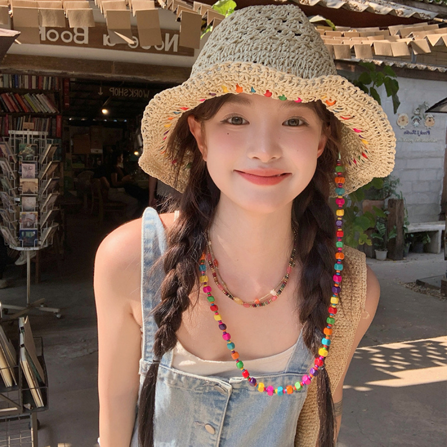 Mũ Cói Vintage Đi Biển Kèm Dây Hạt Nhiều Màu, Nón Rộng Vành Chống Nắng Phong Cách Boho Hàn Quốc