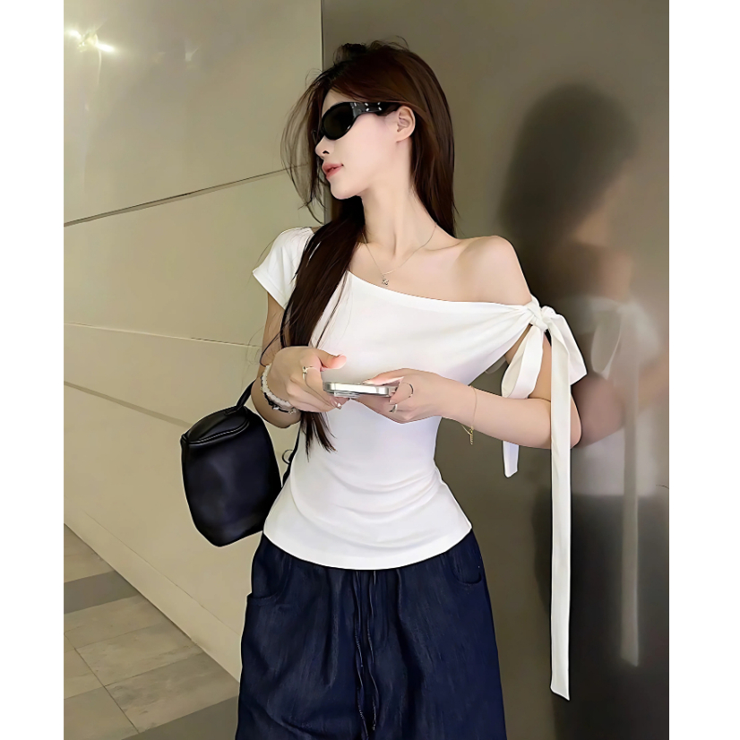 Áo Thun Nữ Trễ Vai Ôm Body Thắt Nơ Chất Cotton Mịn Co Dãn 4 Chiều BYJANE - 666