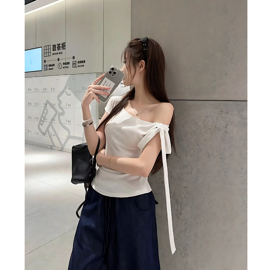 Áo Thun Nữ Trễ Vai Ôm Body Thắt Nơ Chất Cotton Mịn Co Dãn 4 Chiều BYJANE - 666