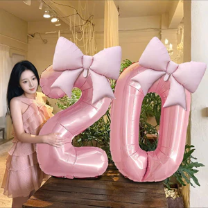 Bóng Số Kèm Nơ, Bóng Số Tuổi Tone Màu Hồng, Trằng Sứ Trang Trí Sinh Nhật Tặng Kèm Băng Dính
