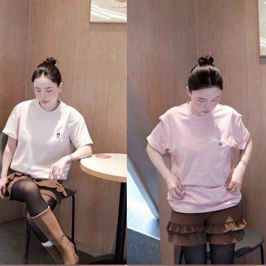 Set 2 áo pull hồng GUMIN thiết kế áo dáng rộng basic thêu hình sang chảnh, áo phông nữ dày dặn cao cấp