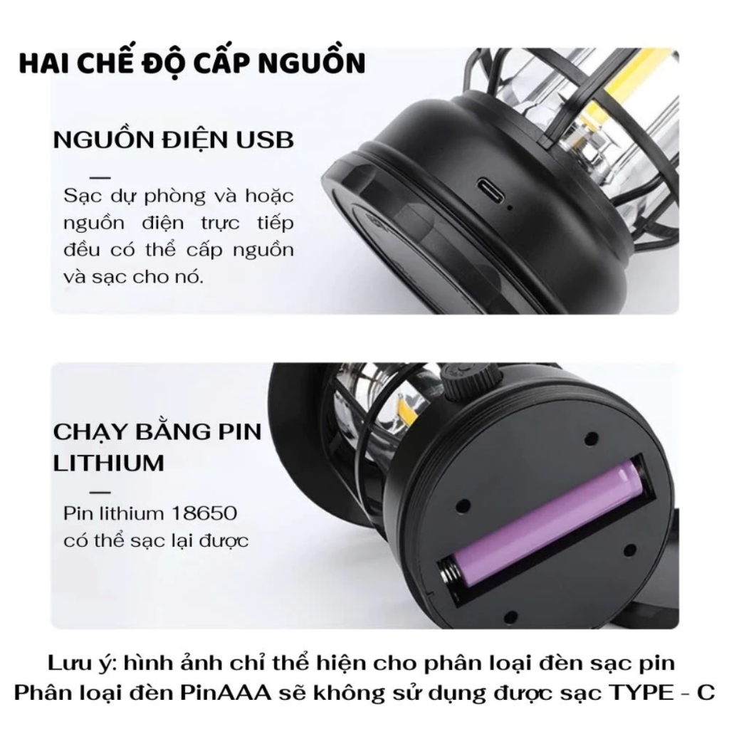 Đèn tích điện camping dã ngoại du lịch, đèn bão dùng pin sạc tích điện có móc treo decor, chống nước