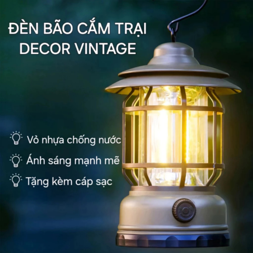 Đèn tích điện camping dã ngoại du lịch, đèn bão dùng pin sạc tích điện có móc treo decor, chống nước