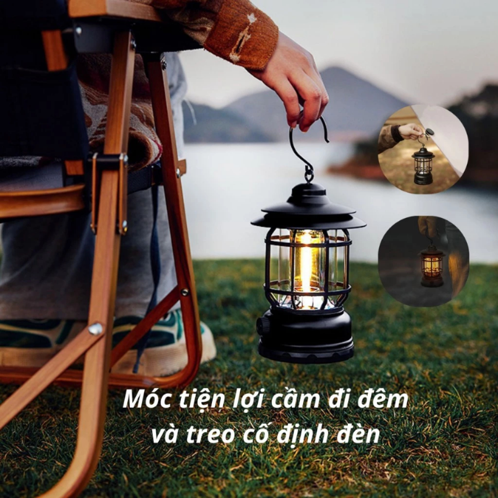 Đèn tích điện camping dã ngoại du lịch, đèn bão dùng pin sạc tích điện có móc treo decor, chống nước