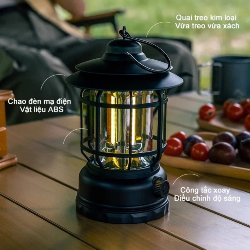 Đèn tích điện camping dã ngoại du lịch, đèn bão dùng pin sạc tích điện có móc treo decor, chống nước