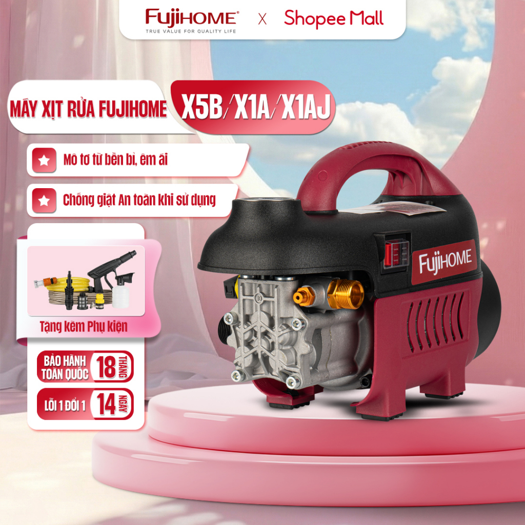 Máy xịt rửa xe cao áp cho ô tô xe máy FUJIHOME PWX1A nhập khẩu, máy xịt phun rửa chỉnh bơm áp lực nước cao chống giật