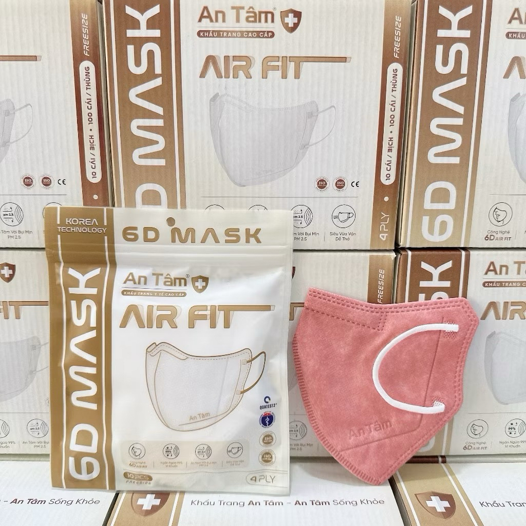 Set 100 cái khẩu trang 6D An Tâm 4 lớp kháng khuẩn, chống bụi mịn nghệ Hàn Quốc size người lớn