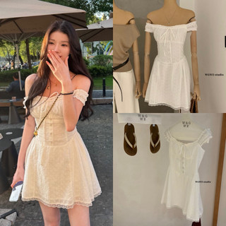 𝐏𝐡𝐢𝐞𝐧 𝐖𝐆𝐖𝐄 | (Sẵn) w8969 Váy Thô Thêu Hoa Chỉ Chun Nhún Trễ Vai Ôm Xoè