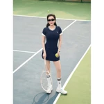 Bộ đồ Pickleball, cầu lông, tennis nữ Fitme GR áo thun thoáng khí, chân váy xếp ly Navy kèm quần bảo hộ — ảnh 2