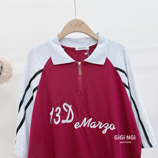 Áo Phông Gấu 13De Marzo Polo Đỏ Pha Tay Kẻ QC