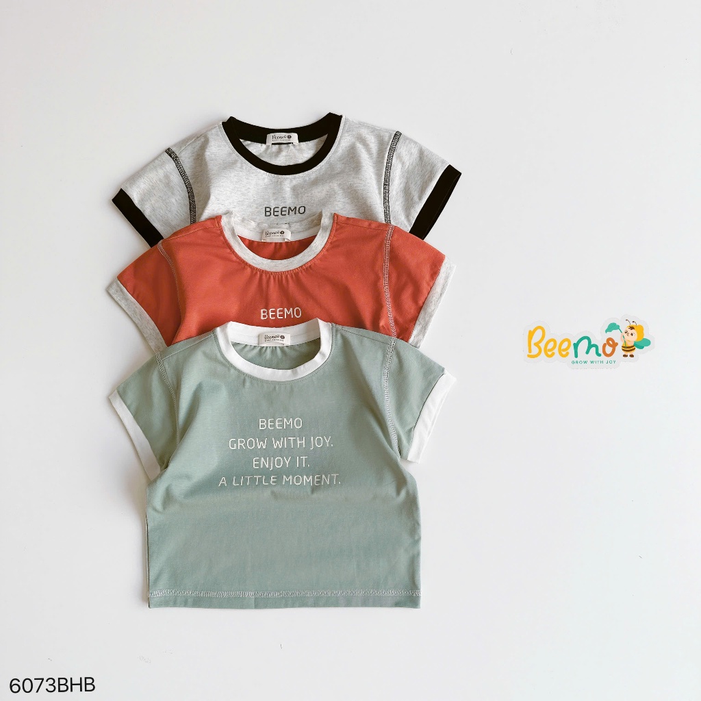 Set cotton cộc tay Beemo phối viền nổi bật họa tiết in chữ cá tinh cho bé trai 9-24kg