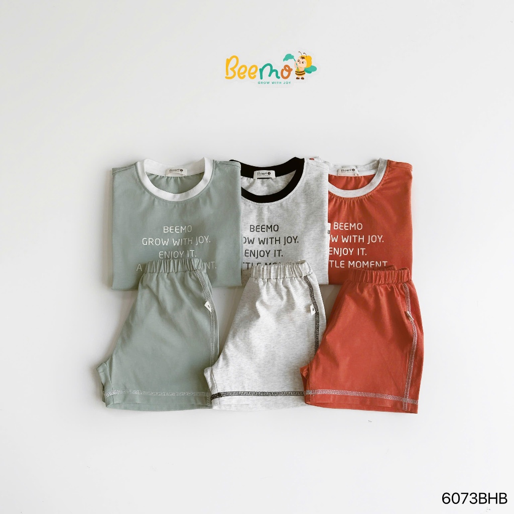Set cotton cộc tay Beemo phối viền nổi bật họa tiết in chữ cá tinh cho bé trai 9-24kg
