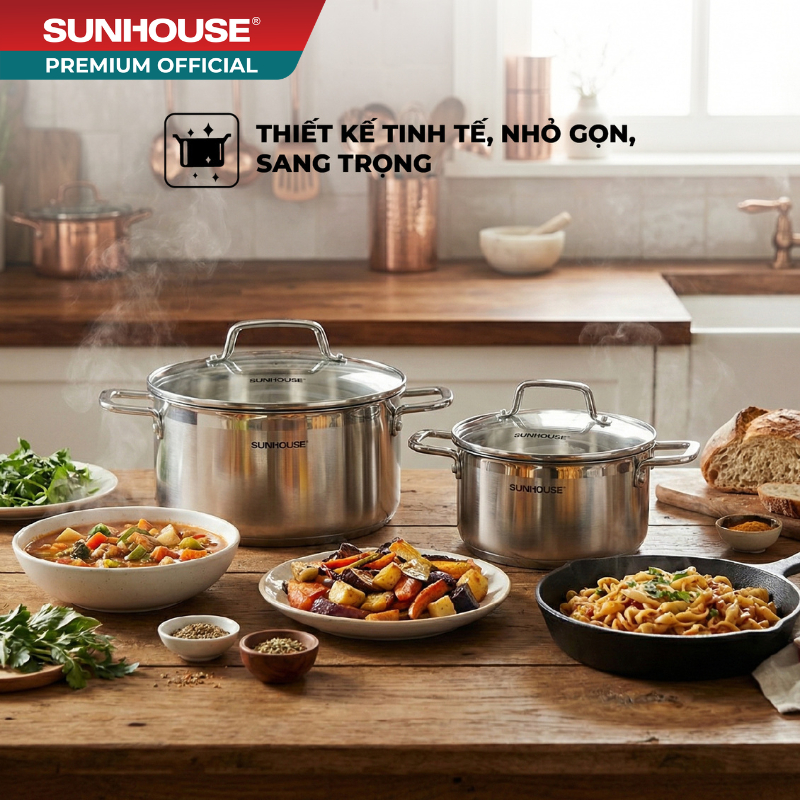 Bộ nồi Inox 304 liền đáy Sunhouse Healthy SHG703 - Inox đa lớp - Truyền nhiệt nhanh