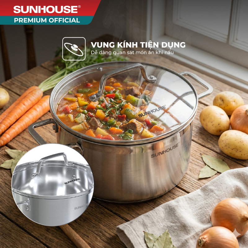 Bộ nồi Inox 304 liền đáy Sunhouse Healthy SHG703 - Inox đa lớp - Truyền nhiệt nhanh