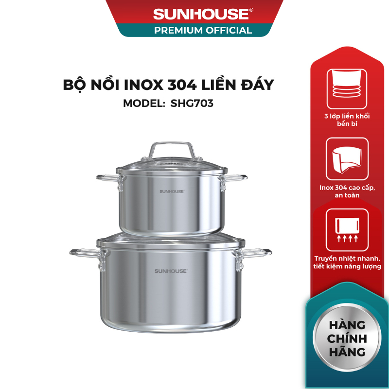 Bộ nồi Inox 304 liền đáy Sunhouse Healthy SHG703 - Inox đa lớp - Truyền nhiệt nhanh