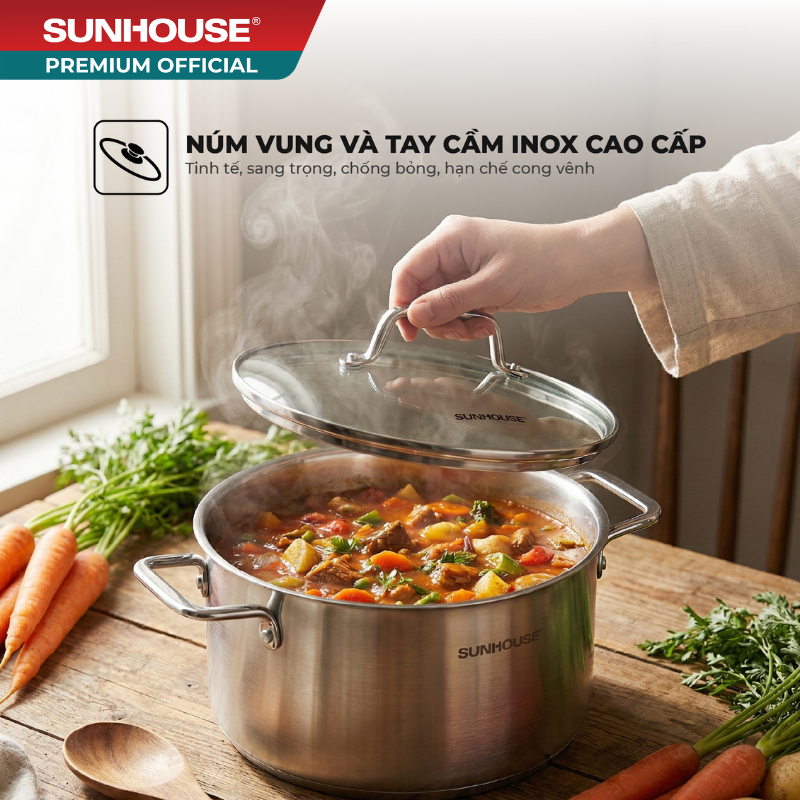 Bộ nồi Inox 304 liền đáy Sunhouse Healthy SHG703 - Inox đa lớp - Truyền nhiệt nhanh