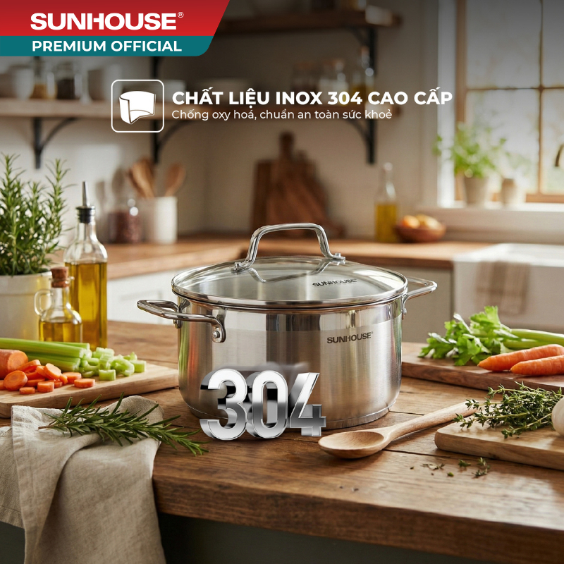 Bộ nồi Inox 304 liền đáy Sunhouse Healthy SHG703 - Inox đa lớp - Truyền nhiệt nhanh